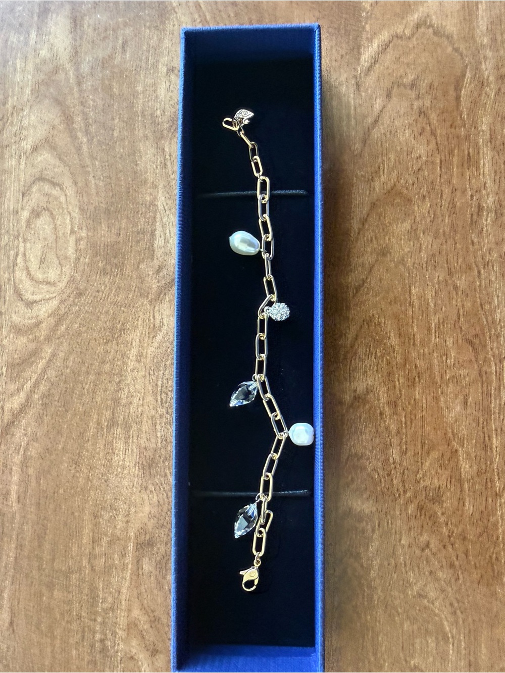 Swarovski Gold-Tone Link Bracelet with Clear Crystal and Pearl Charms